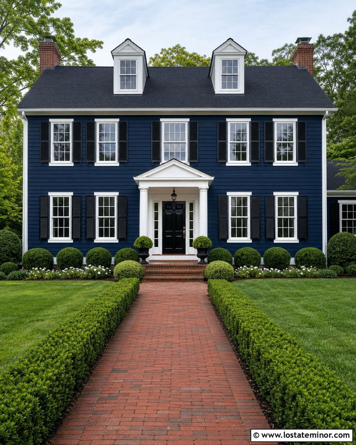 Navy Blue House With White Trim And Boxwood Hedges - 30 Navy Blue House Design With Front Yard Ideas