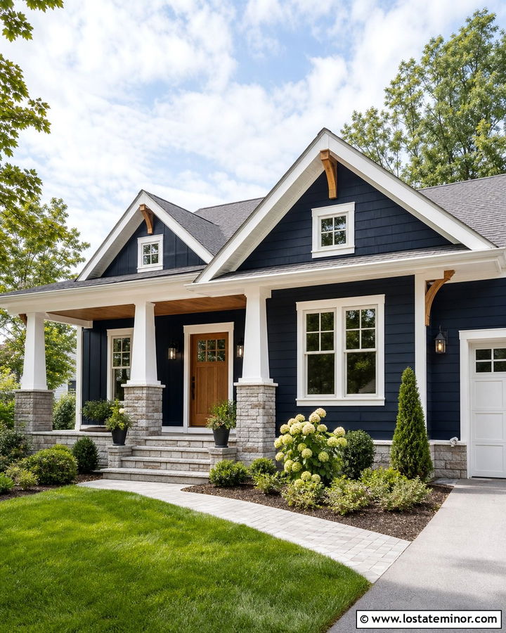 Navy Blue House With White Trim And Cedar Door - 30 Navy Blue House Design With Front Door Ideas
