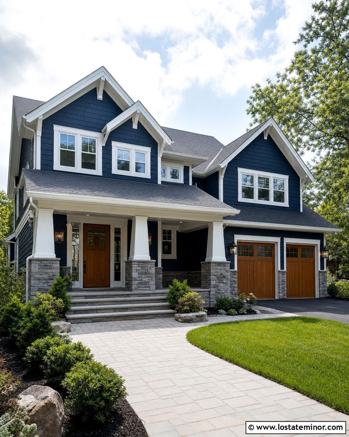 Navy Blue House With White Trim And Stone - 30 Navy Blue House Design With Stone Accents Ideas