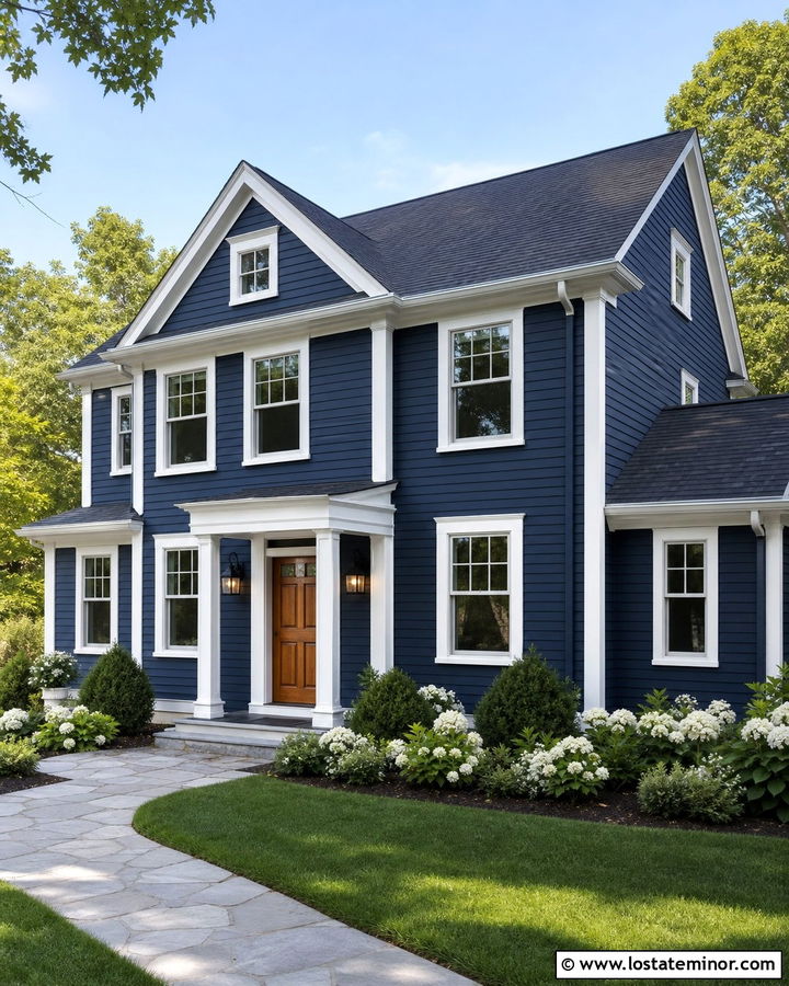 Navy Blue House With White Trim And Wood Door - 30 Navy Blue House Design With Accents Ideas