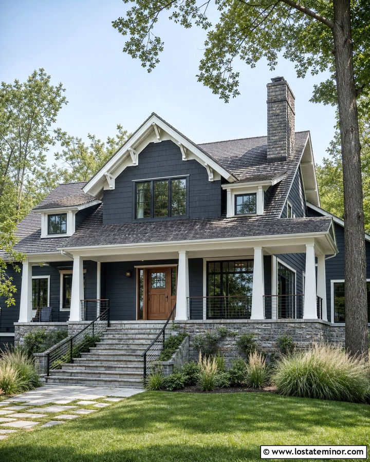 Navy Blue House With Whitewashed Wood Porch Ceiling - 30 Navy Blue House Design With Porch Ceiling Ideas