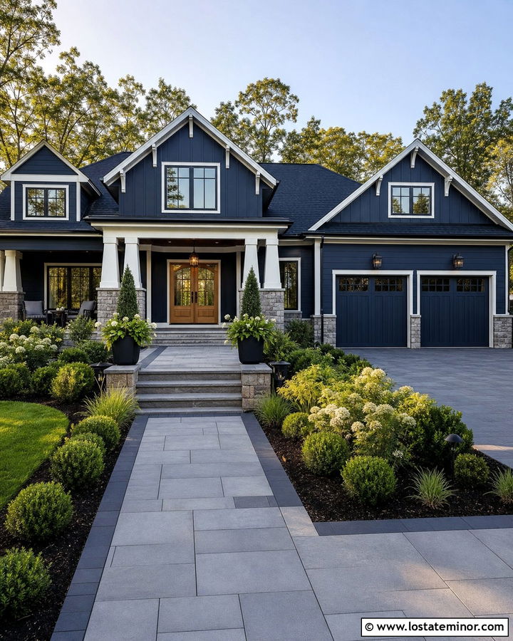 Navy Blue House With Wide Paver Walkway - 30 Navy Blue House Design With Walkway Ideas