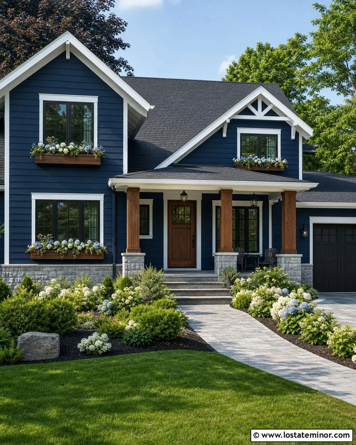 Navy Blue House With Window Boxes And A Wood Door - 30 Navy Blue House Design With Window Boxes Ideas