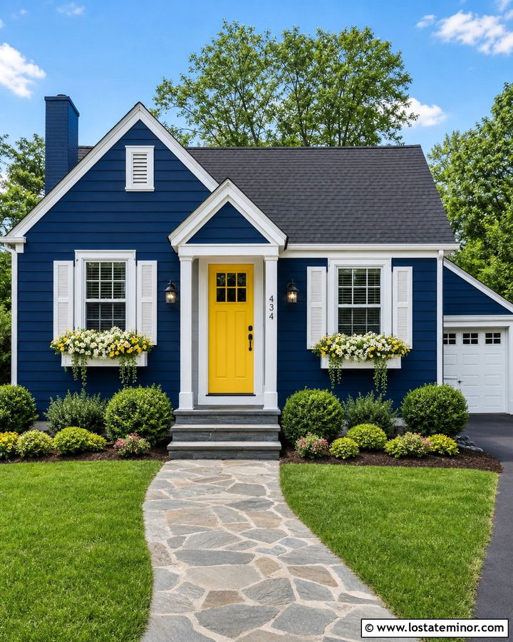 Navy Blue House With Window Boxes And A Yellow Door - 30 Navy Blue House Design With Window Boxes Ideas