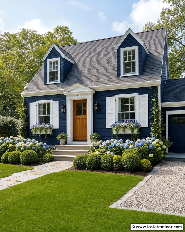 Navy Blue House With Window Boxes And Shutters - 30 Navy Blue House Design With Window Boxes Ideas