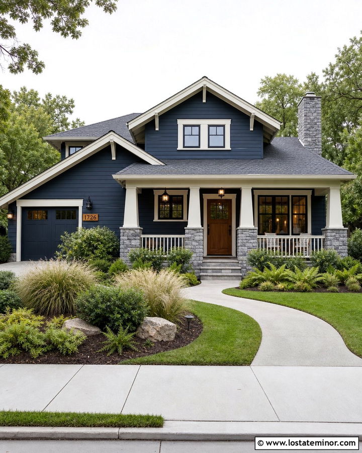 Navy Blue House With Wood Address Plaque - 30 Navy Blue House Design With House Numbers Ideas