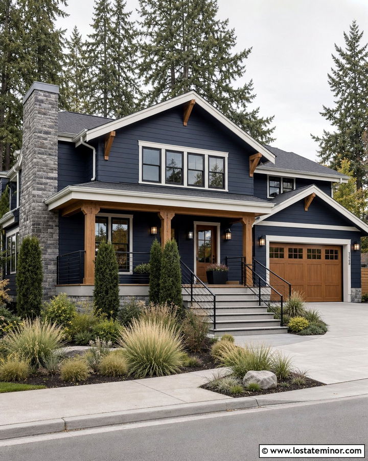 Navy Blue House With Wood And Black Lights - 30 Navy Blue House Design With Light Fixtures Ideas