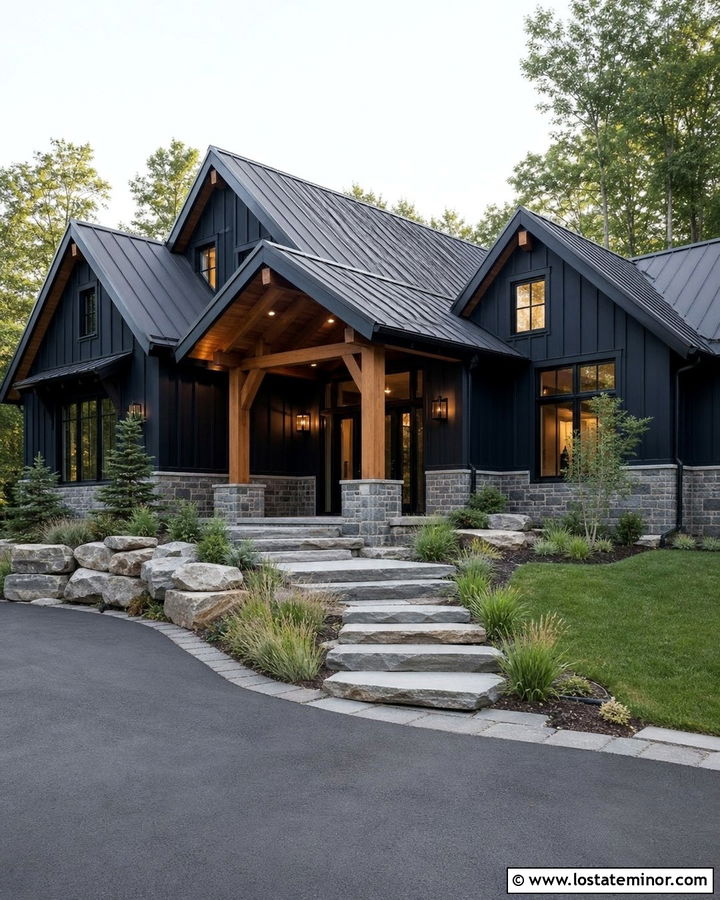 Navy Blue House With Wood Beam Lighting - 30 Navy Blue House Design With Lighting Ideas