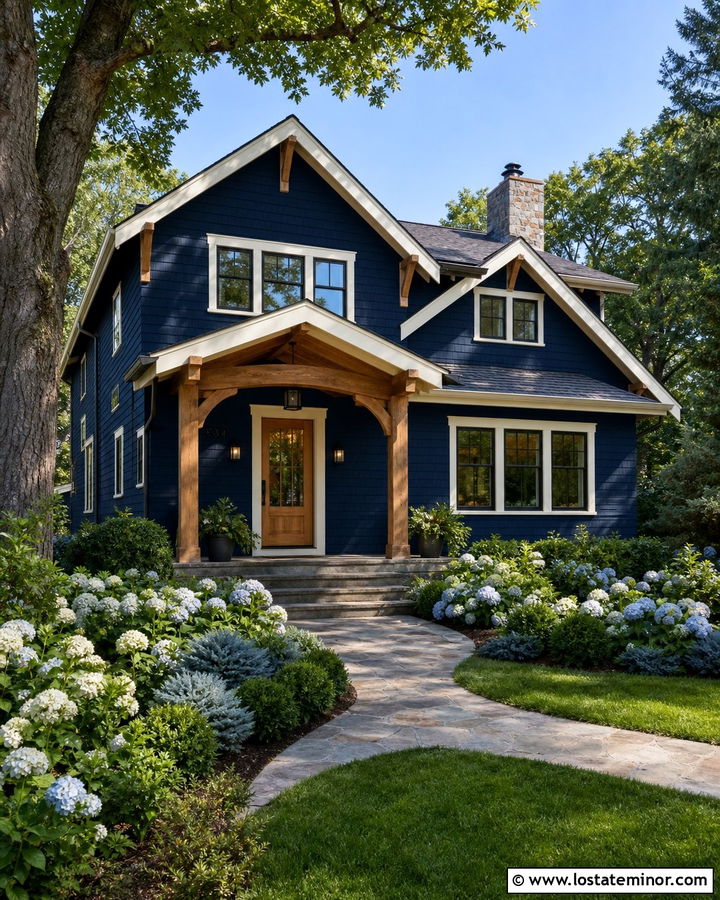 Navy Blue House With Wood Door And Hydrangeas - 30 Navy Blue House Design With Landscaping Ideas