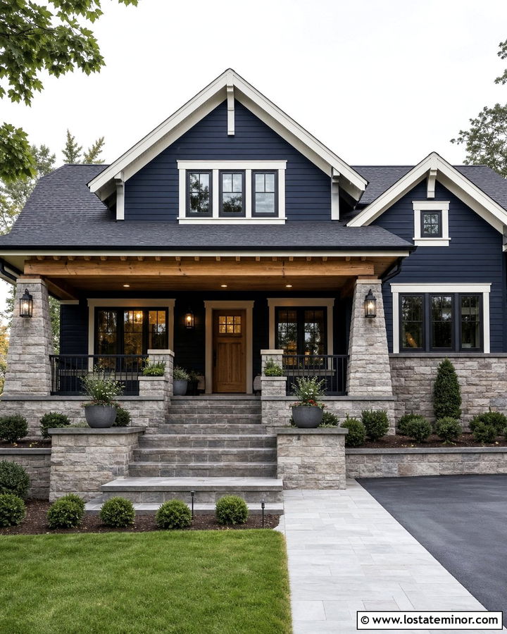 Navy Blue House With Wood Door And Stone Porch - 30 Navy Blue House Design With Stone Accents Ideas
