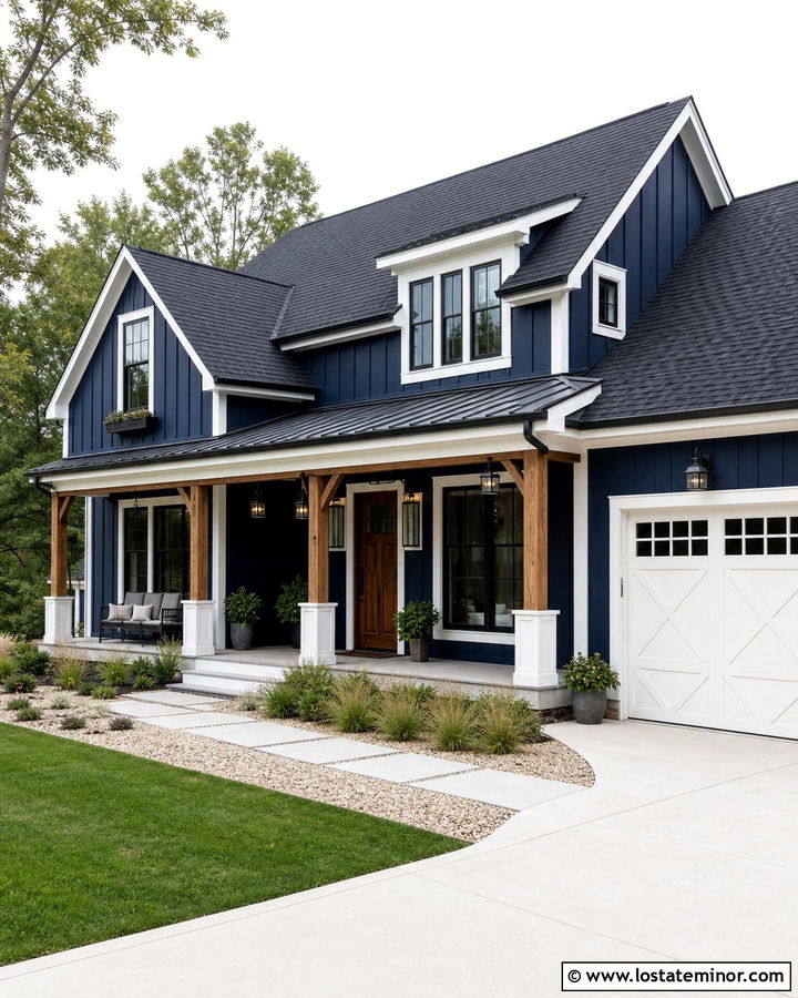 Navy Blue House With Wood Door And White Trim - 30 Navy Blue House Design With Trim Ideas