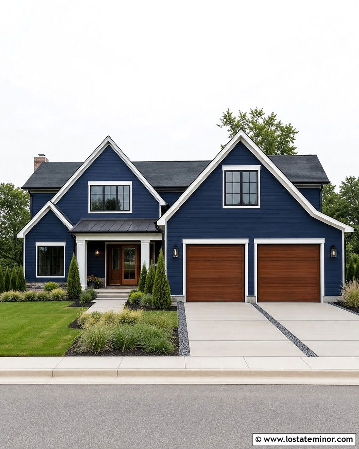Navy Blue House With Wood Garage Door And Concrete Driveway - 30 Navy Blue House Design With Driveway Ideas