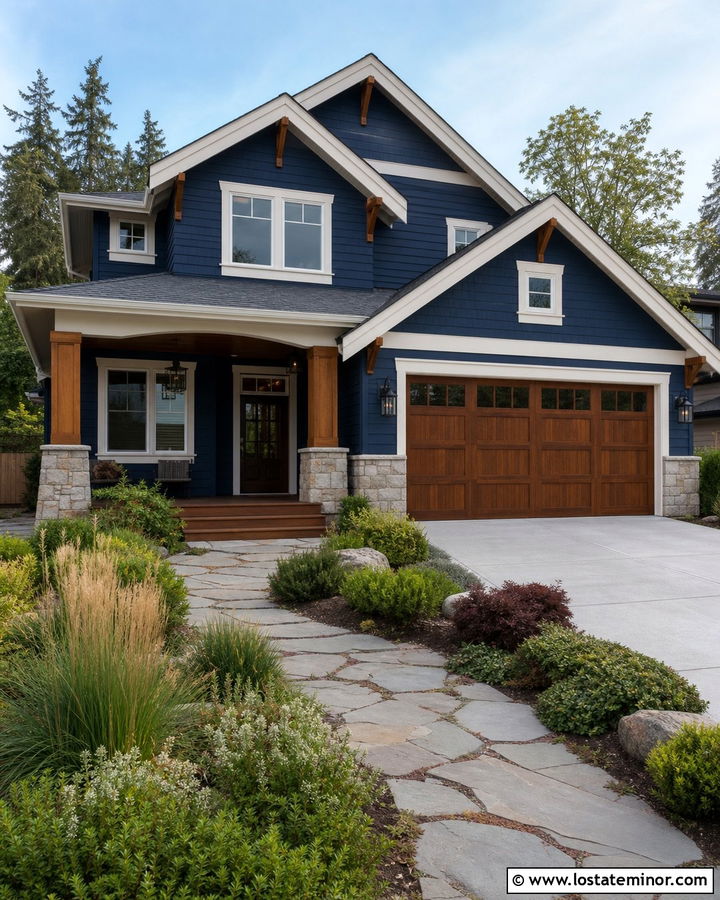 Navy Blue House With Wood Garage Door - 30 Navy Blue House Design With Garage Door Ideas