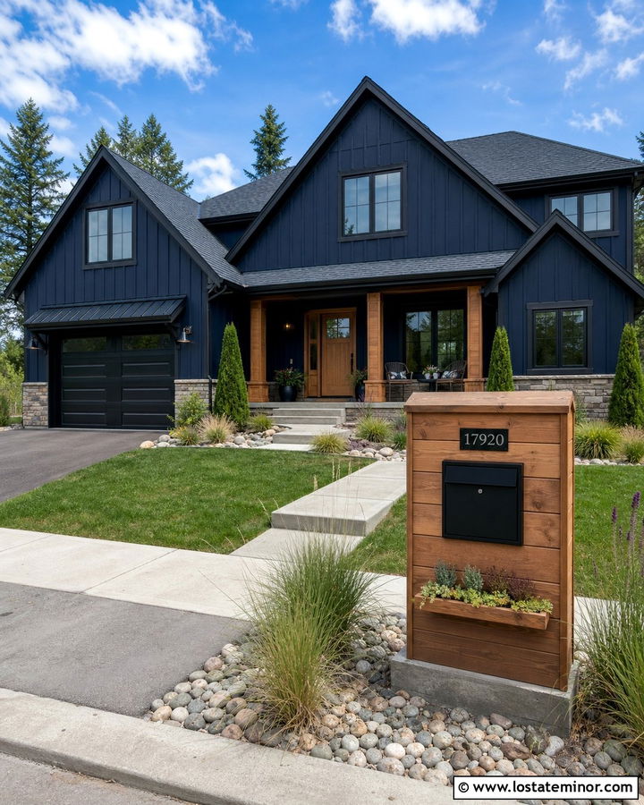 Navy Blue House With Wood Mailbox Enclosure - 30 Navy Blue House Design With Mailbox Ideas