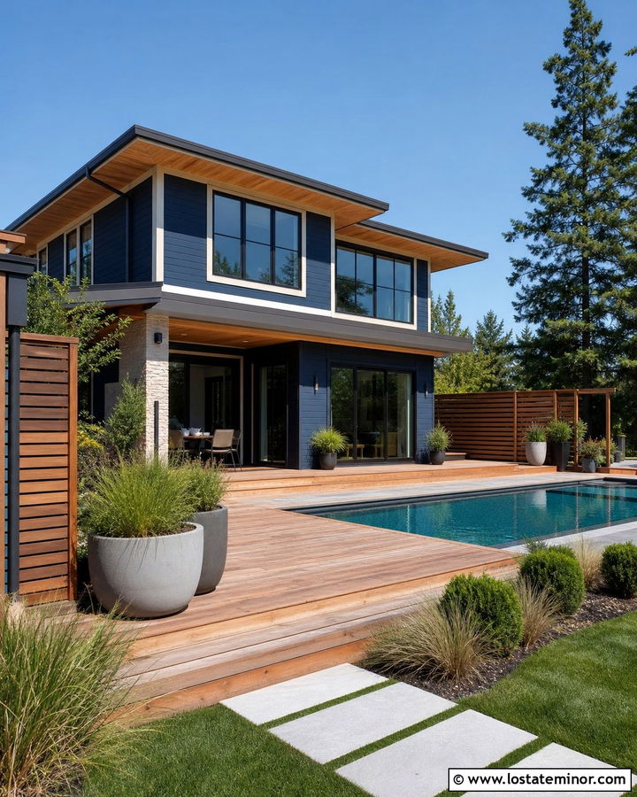 Navy Blue House With Wood Pool Deck - 30 Navy Blue House Design With Swimming Pool Ideas