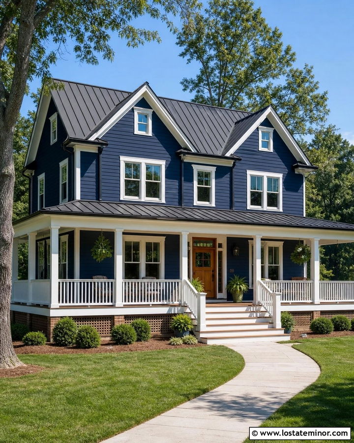 Navy Blue House With Wraparound Deck - 30 Navy Blue House Design With Deck Ideas