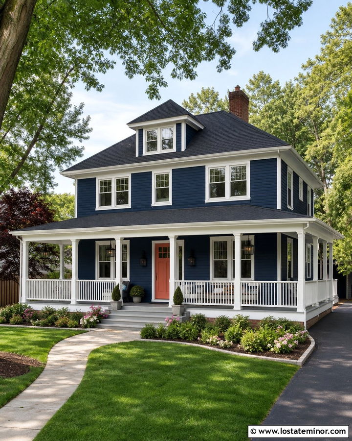 Navy Blue House With Wraparound White Railings - 30 Navy Blue House Design With Railings Ideas