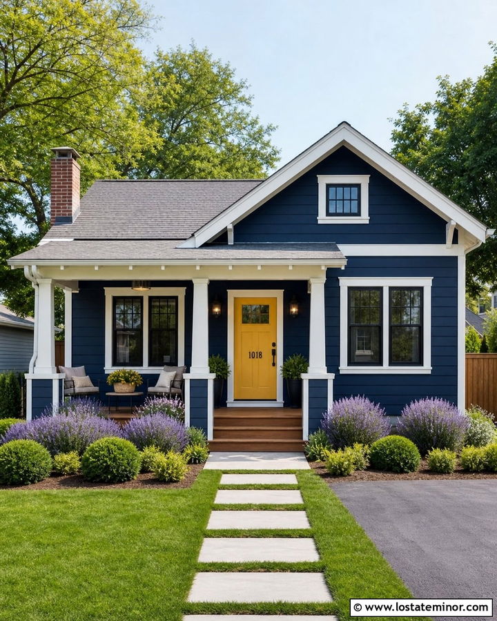 Navy Blue House With Yellow Door And Black Numbers - 30 Navy Blue House Design With House Numbers Ideas