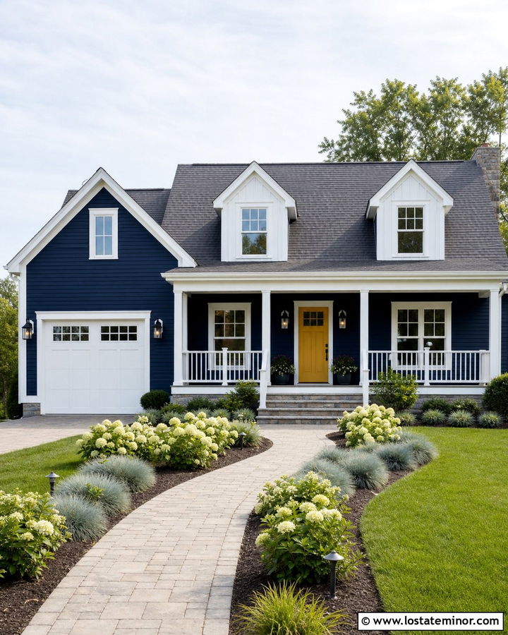 Navy Blue House With Yellow Door And Dormers - 30 Navy Blue House Design With Dormers Ideas