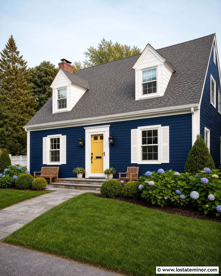 Navy Blue House With Yellow Door And Gray Roof - 30 Navy Blue House Design With Accents Ideas