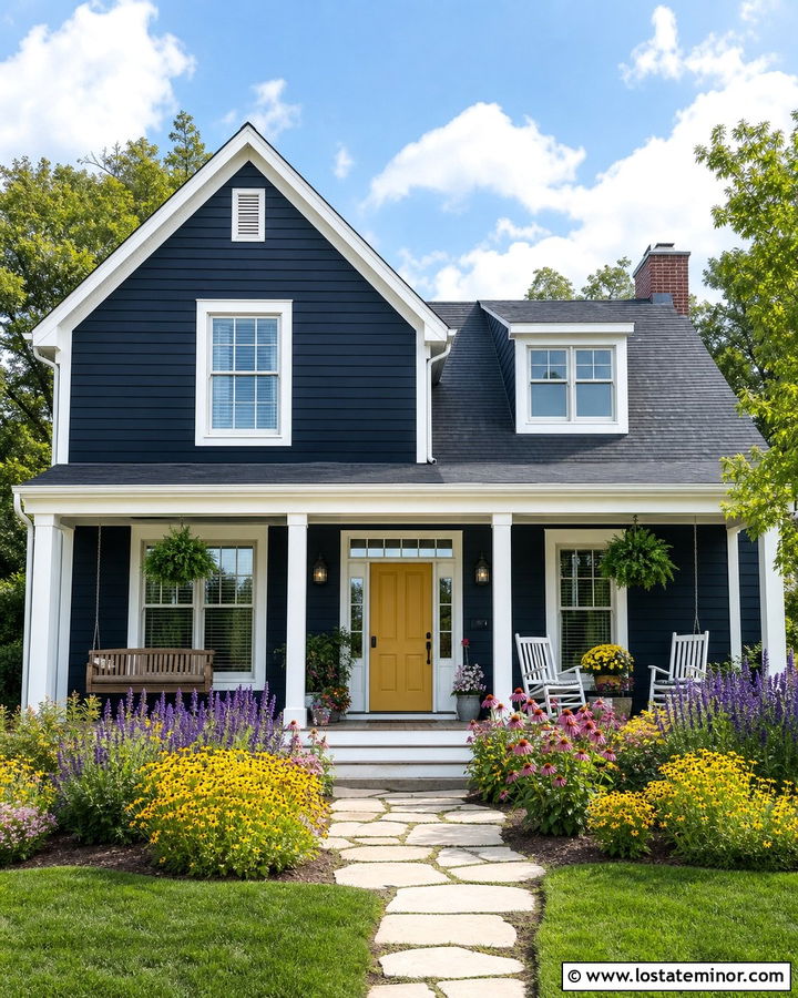 Navy Blue House With Yellow Door And Pollinator Garden - 30 Navy Blue House Design With Landscaping Ideas