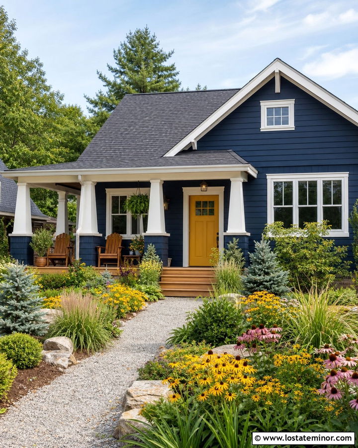 Navy Blue House With Yellow Door And Pollinator Garden - 30 Navy Blue House Design With Front Yard Ideas