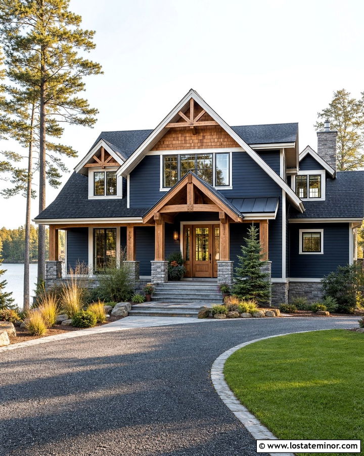 Navy Blue Lake House With Cedar Shake Accents - 30 Navy Blue House Design With Shingles Ideas
