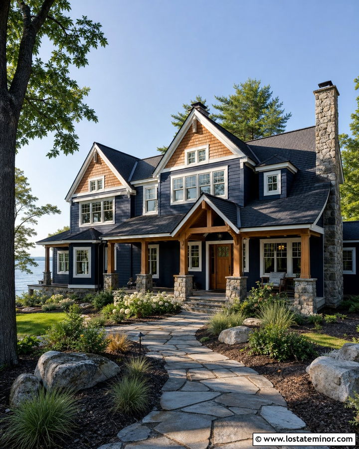 Navy Blue Lake House With Cedar Shake Gables - 30 Navy Blue House Design With Cedar Shake Ideas