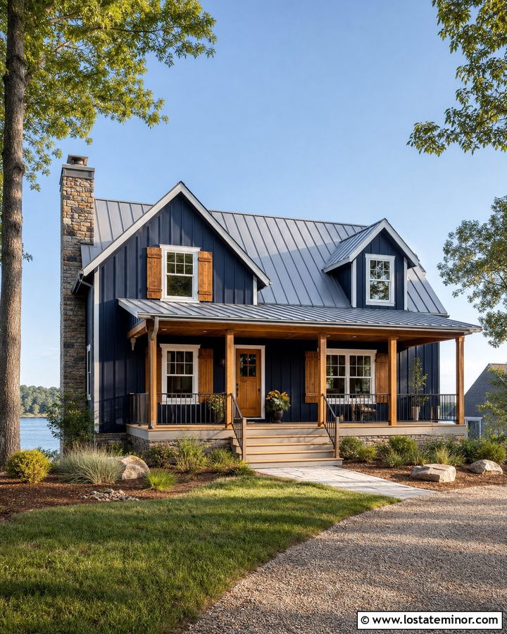 Navy Blue Lake House With Cedar Shutters - 30 Navy Blue House Design With Shutters Ideas