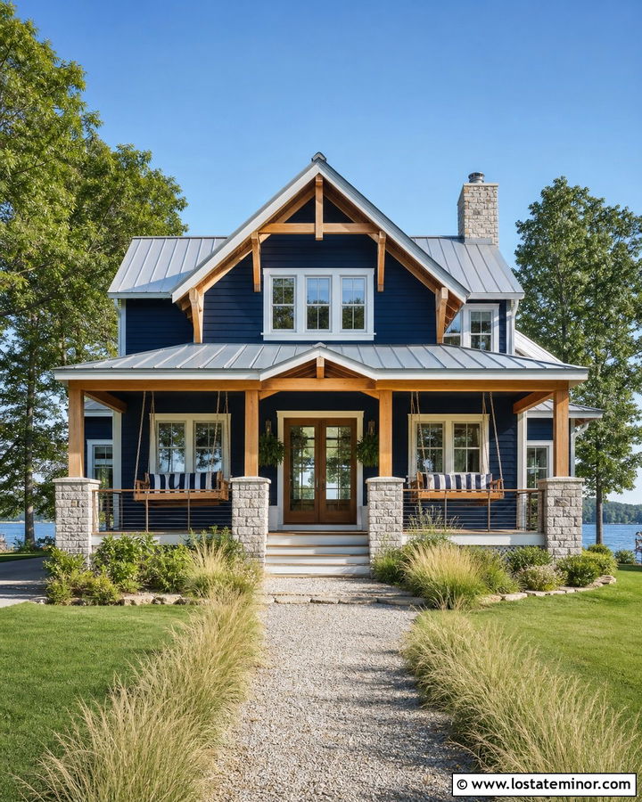 Navy Blue Lake House With Double Swings - 30 Navy Blue House Design With Swing Ideas