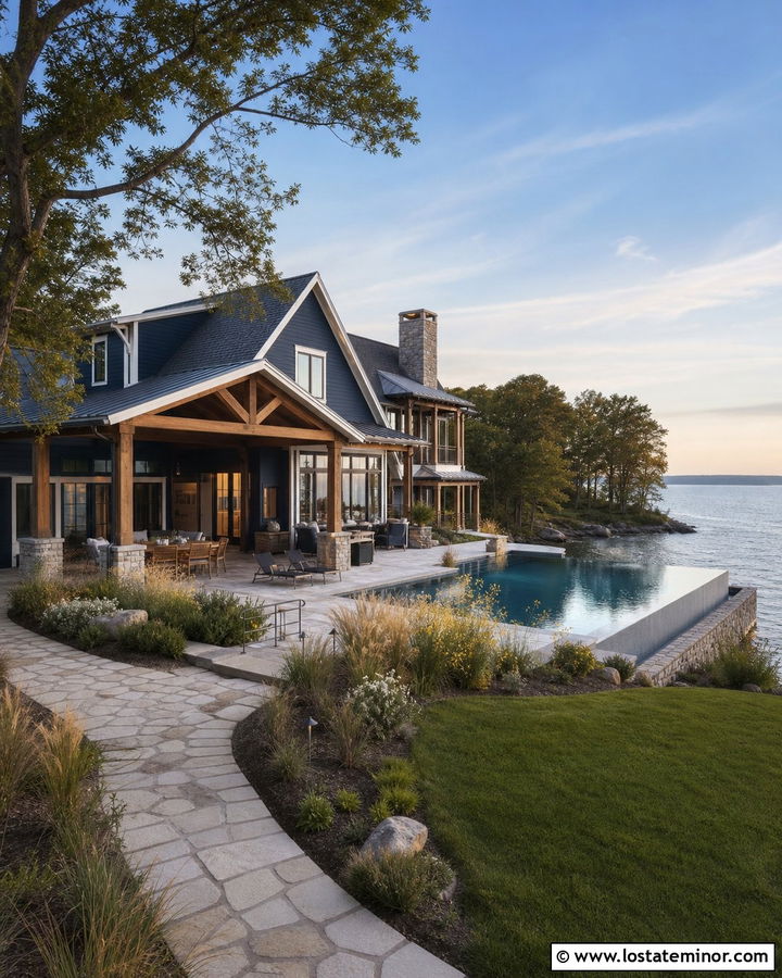 Navy Blue Lake House With Infinity Pool - 30 Navy Blue House Design With Swimming Pool Ideas