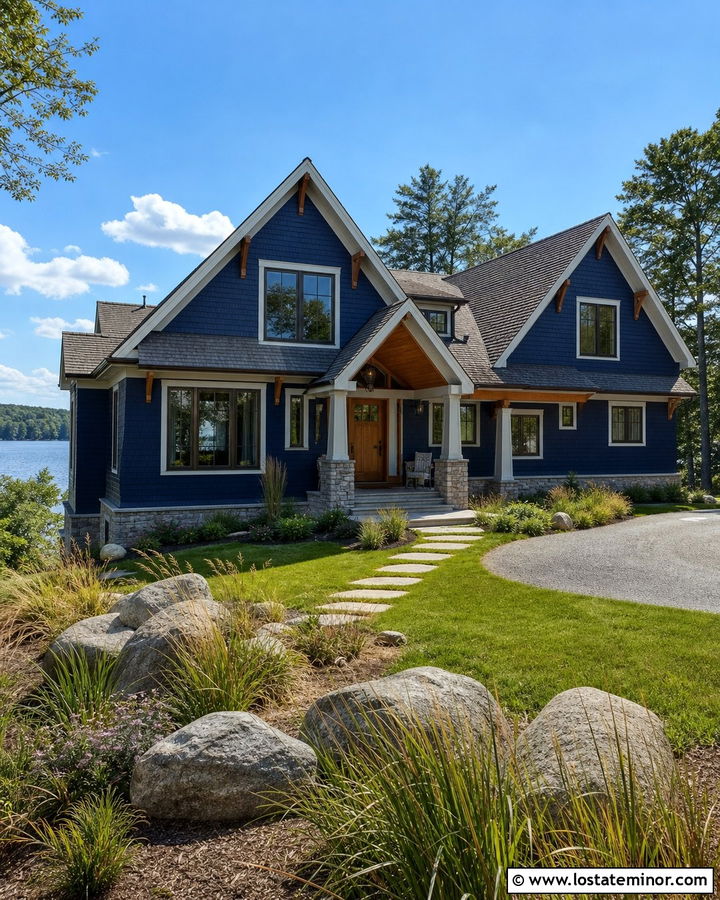 Navy Blue Lake House With Multiple Gables - 30 Navy Blue House Design With Gables Ideas