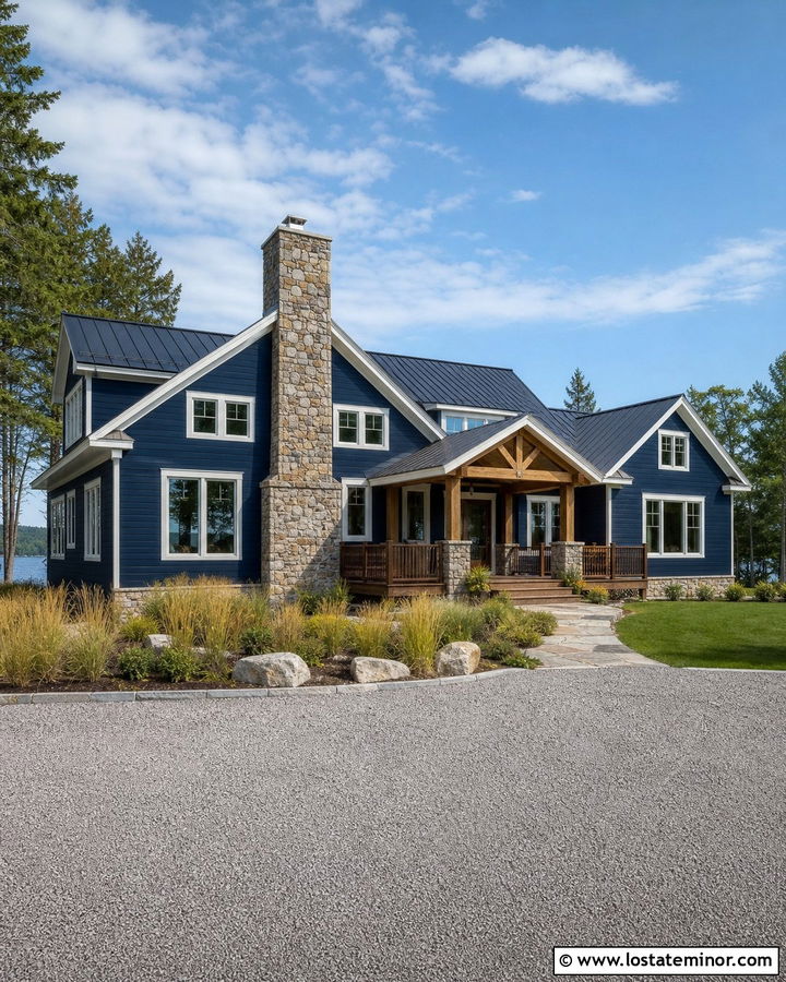 Navy Blue Lake House With Natural Stone Chimney - 30 Navy Blue House Design With Stone Accents Ideas