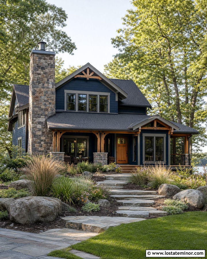 Navy Blue Lake House With Natural Stone Chimney - 30 Navy Blue House Design With Chimney Ideas
