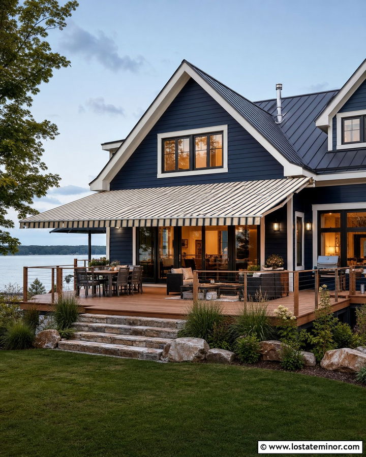 Navy Blue Lake House With Retractable Awning - 30 Navy Blue House Design With Awning Ideas