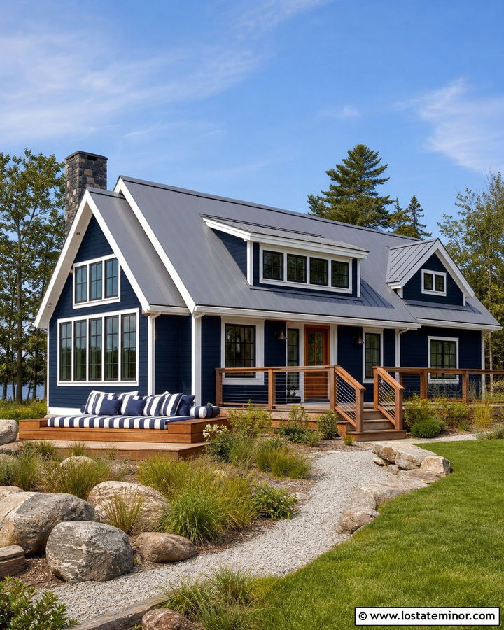 Navy Blue Lake House With Striped Daybed - 30 Navy Blue House Design With Daybed Ideas