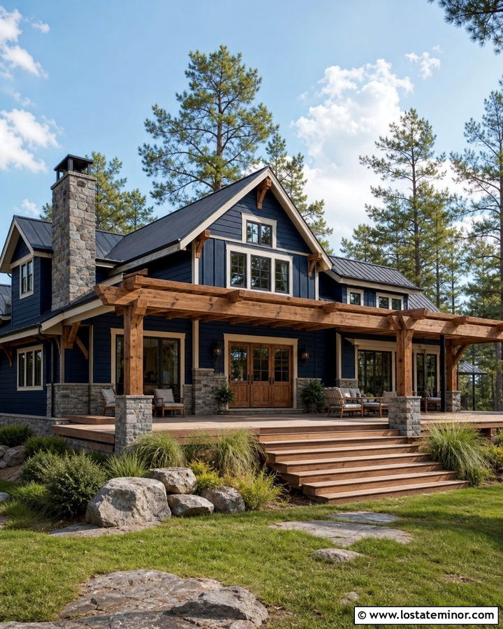 Navy Blue Lake House With Timber Pergola - 30 Navy Blue House Design With Pergola Ideas
