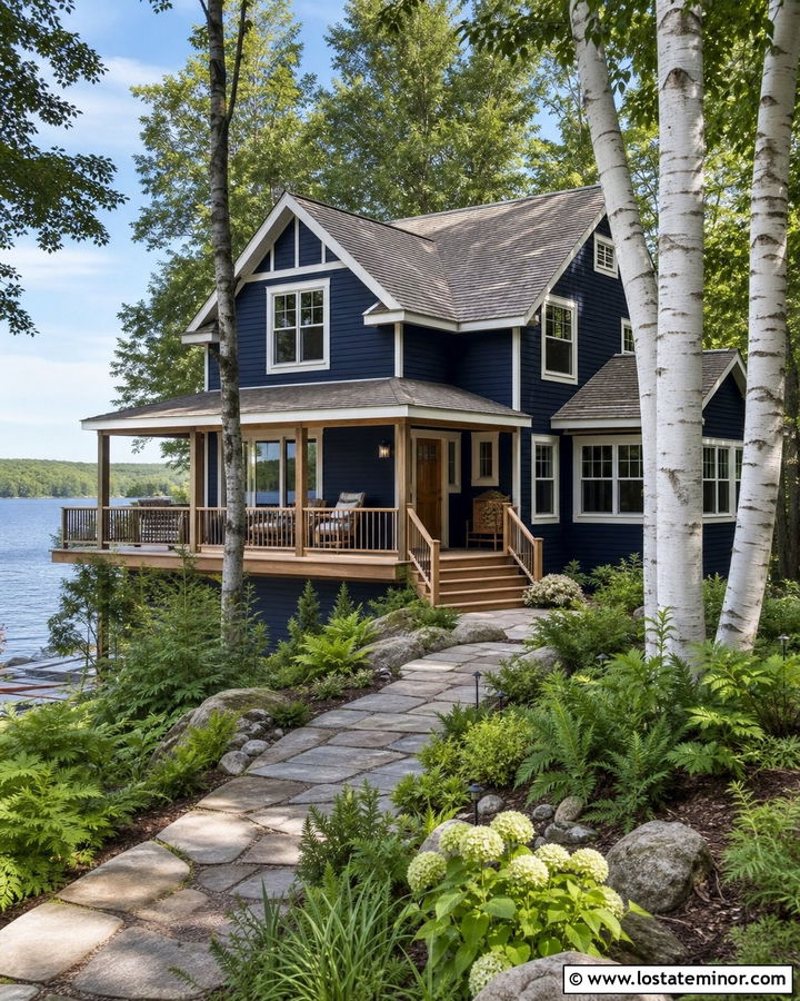 Navy Blue Lakeside House With Birch And Ferns - 30 Navy Blue House Design With Landscaping Ideas