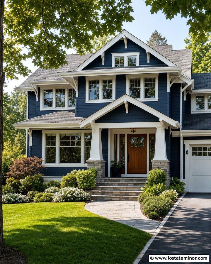 Navy Blue Lap Siding With Natural Wood Door - 30 Navy Blue House Design With Siding Ideas
