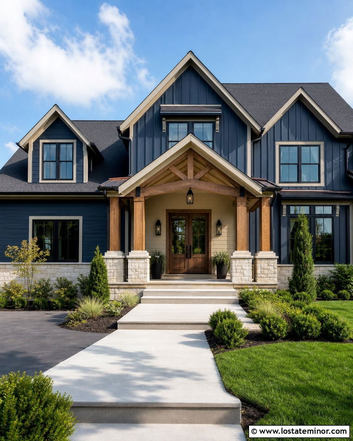 Navy Blue Loggia Portico With Stone Accents - 30 Navy Blue House Design With Portico Ideas