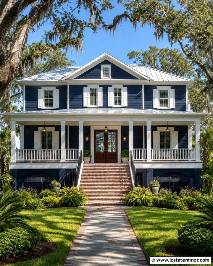 Navy Blue Low Country House With White Bahama Shutters - 30 Navy Blue House Design With Shutters Ideas