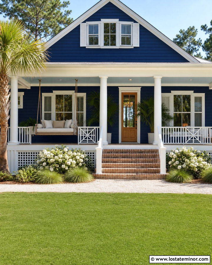 Navy Blue Lowcountry House With Rope Daybed Swing - 30 Navy Blue House Design With Swing Ideas