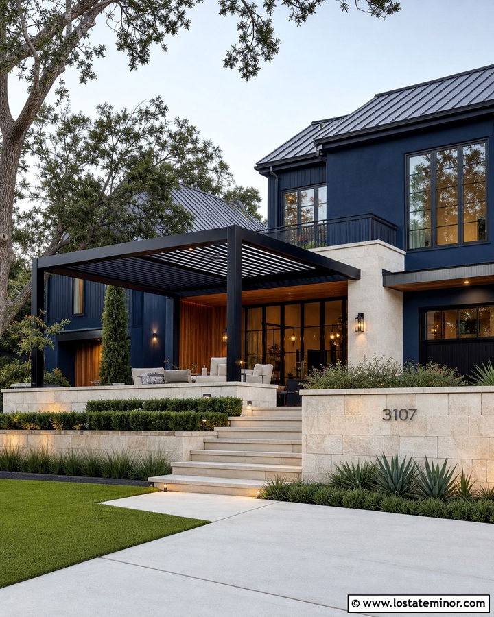 Navy Blue Luxury House With Louvered Pergola - 30 Navy Blue House Design With Pergola Ideas