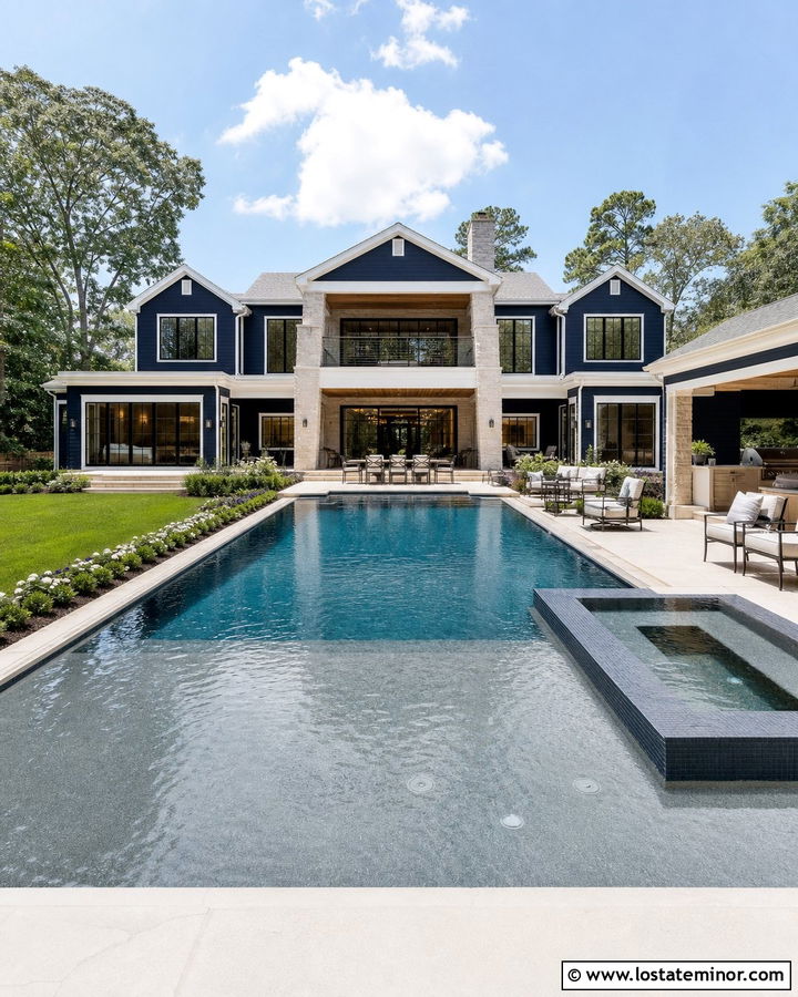 Navy Blue Luxury House With Resort Pool - 30 Navy Blue House Design With Swimming Pool Ideas