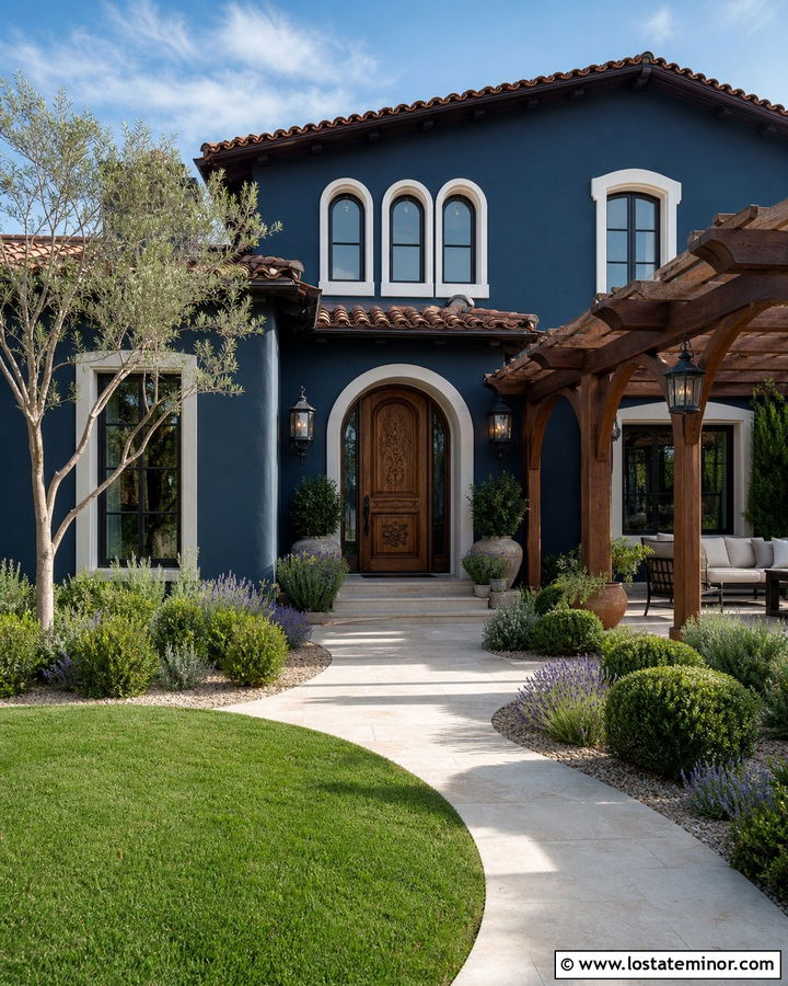 Navy Blue Mediterranean House With Arched Pergola - 30 Navy Blue House Design With Pergola Ideas