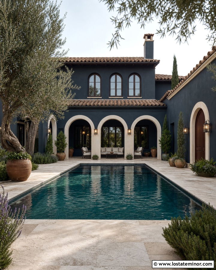 Navy Blue Mediterranean House With Courtyard Pool - 30 Navy Blue House Design With Swimming Pool Ideas