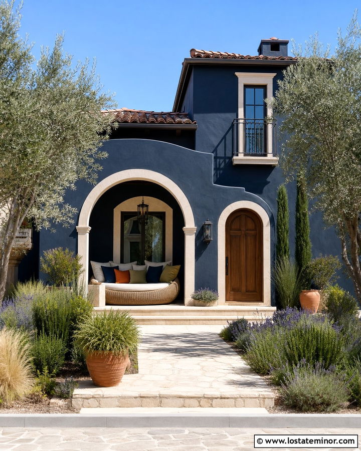 Navy Blue Mediterranean House With Curved Daybed - 30 Navy Blue House Design With Daybed Ideas
