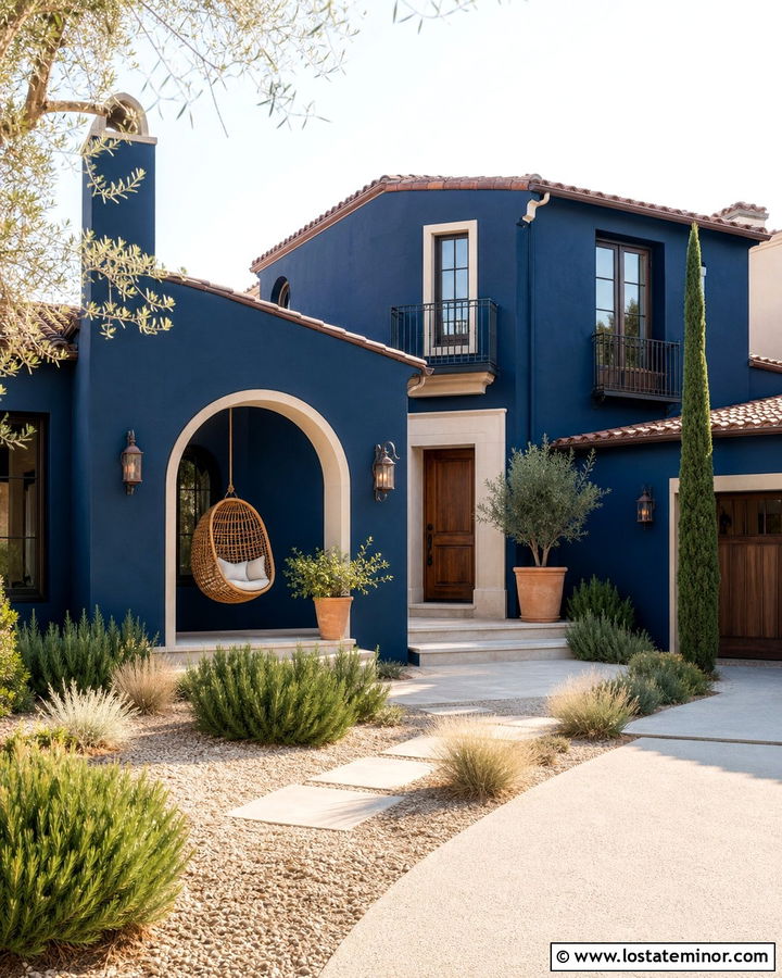 Navy Blue Mediterranean House With Rattan Swing - 30 Navy Blue House Design With Swing Ideas