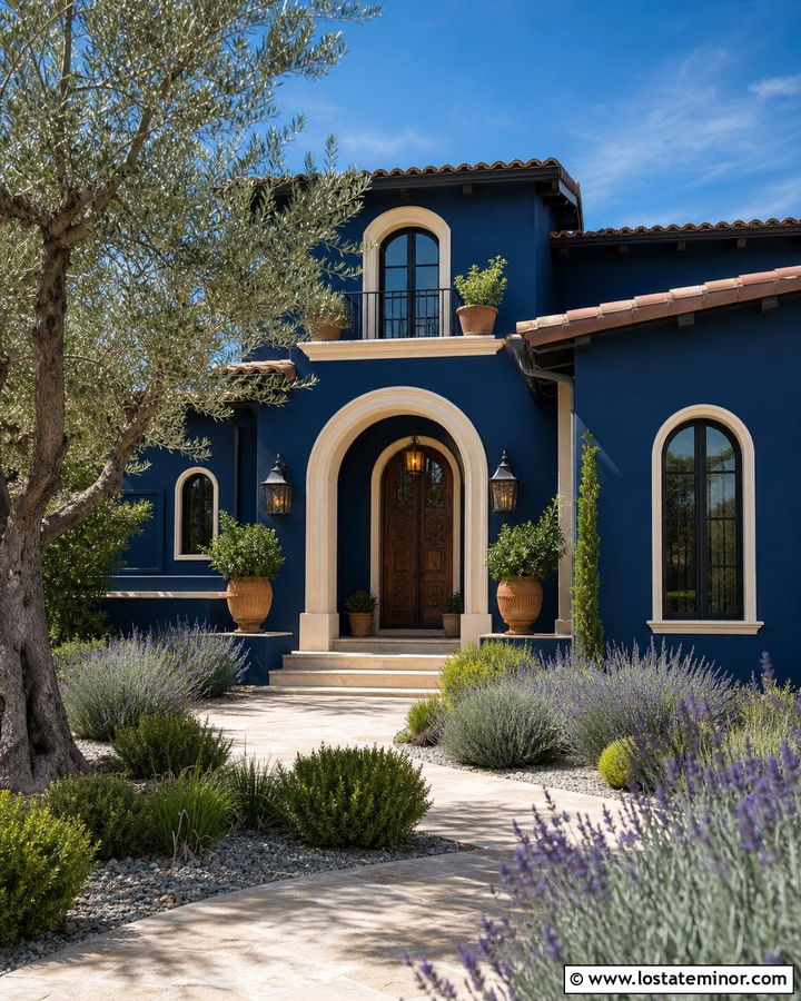 Navy Blue Mediterranean House With Terracotta Accents - 30 Navy Blue House Design With Front Yard Ideas