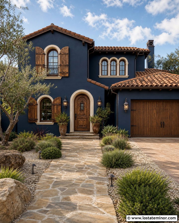 Navy Blue Mediterranean House With Wood Shutters - 30 Navy Blue House Design With Shutters Ideas
